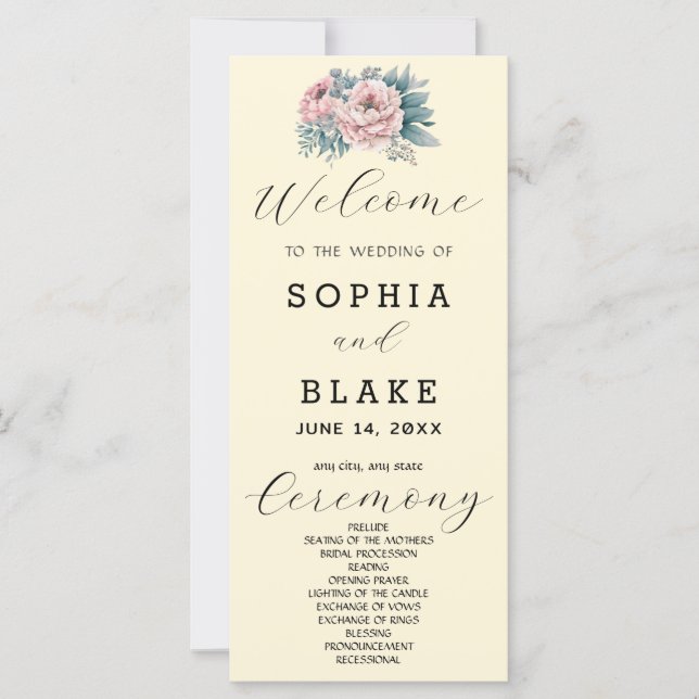 Programme de mariage rose floral jaune romantique (Devant)