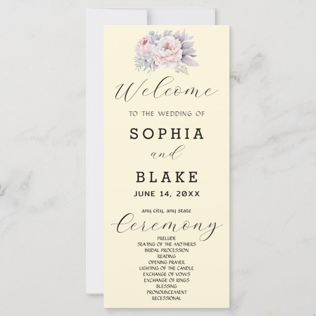 Programme de mariage rose floral jaune romantique (Devant)