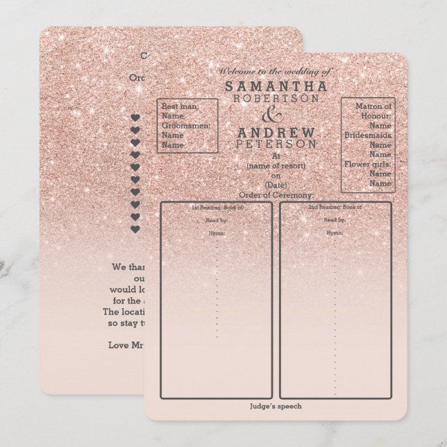 Programme de mariage rose gold faux paillettes omb (Devant / Derrière)