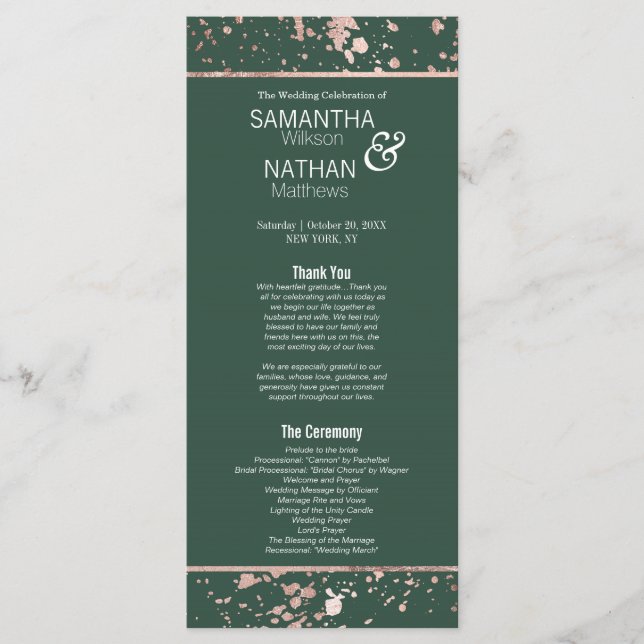 Programme de mariage rose Gold Green Paint Splatte (Devant)