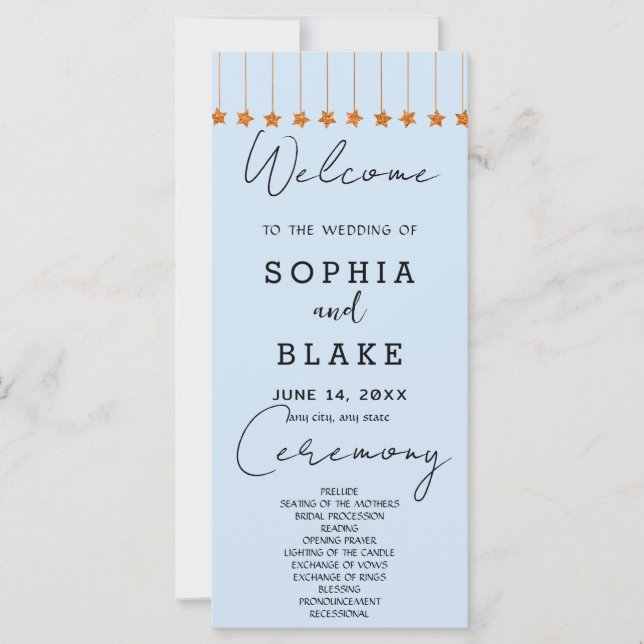 Programme de mariage Rose Gold Hanging Stars Bleu  (Devant)