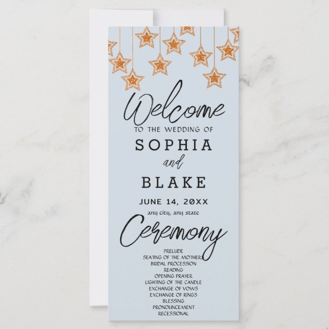 Programme de mariage Rose Gold Hanging Stars Bleu  (Devant)