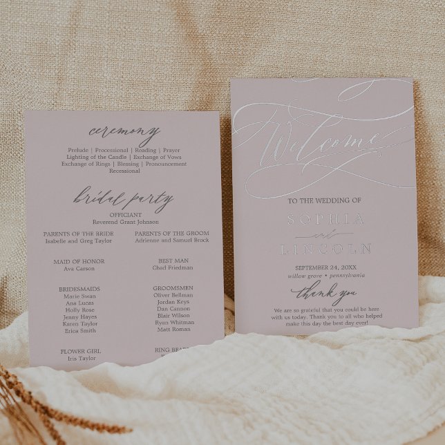 Programme de mariage rose gris argenté romantique (Romantic Silver Foil Gray Pink Wedding Program)