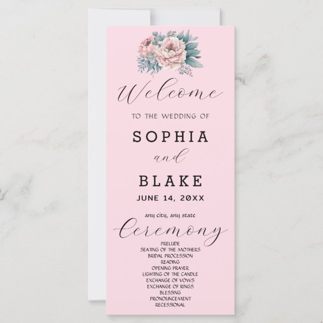 Programme de mariage rose pâle floral romantique (Devant)