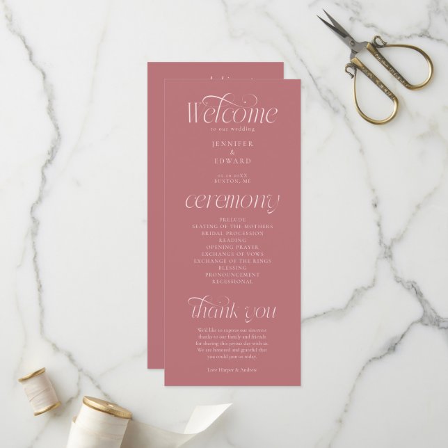 Programme de mariage rose poudré à typographie mod (Devant/Arrière en situation)