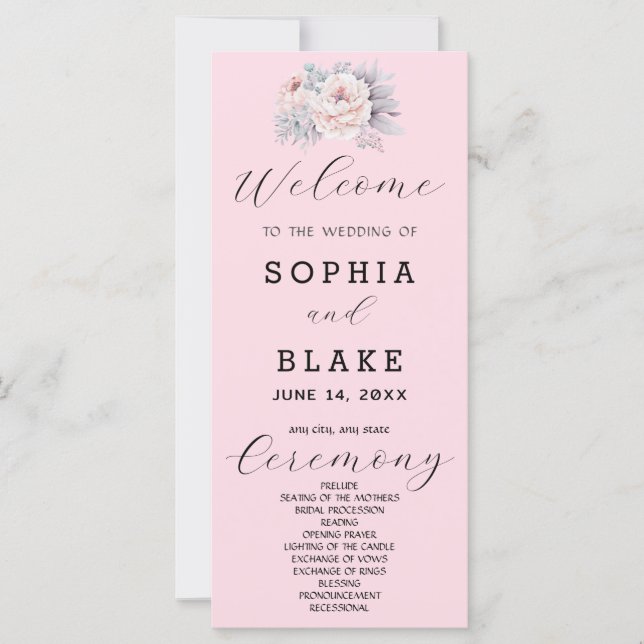 Programme de mariage rose tendre floral romantique (Devant)