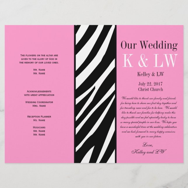 Programme de mariage rose Zebra Stripes Motif (Devant)
