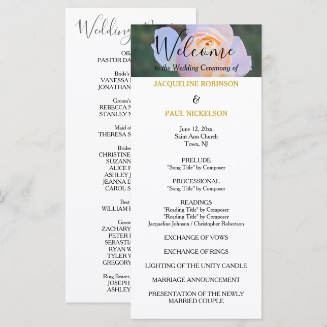 Programme de Mariage Roses Roses Pâles Or NOMS (Devant / Derrière)
