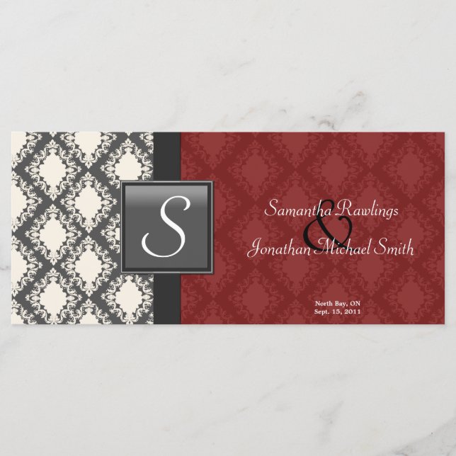 Programme de mariage - Rouge Noir Blanc Damas Mono (Devant)