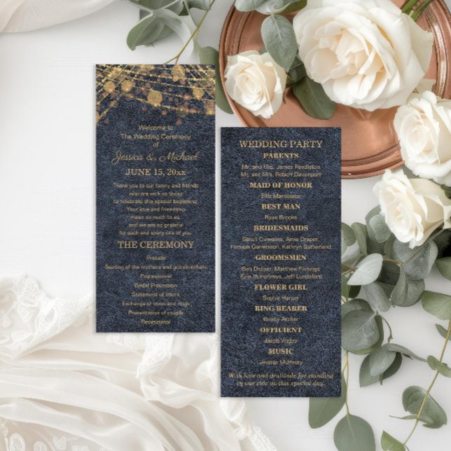 Programme de mariage Rustic Glam Bleu Or (Navy blue and gold string lights rustic glam wedding program)