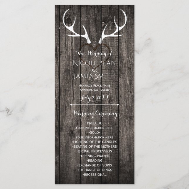 Programme de mariage Rustique Bois de Cerf et Cœur (Devant)