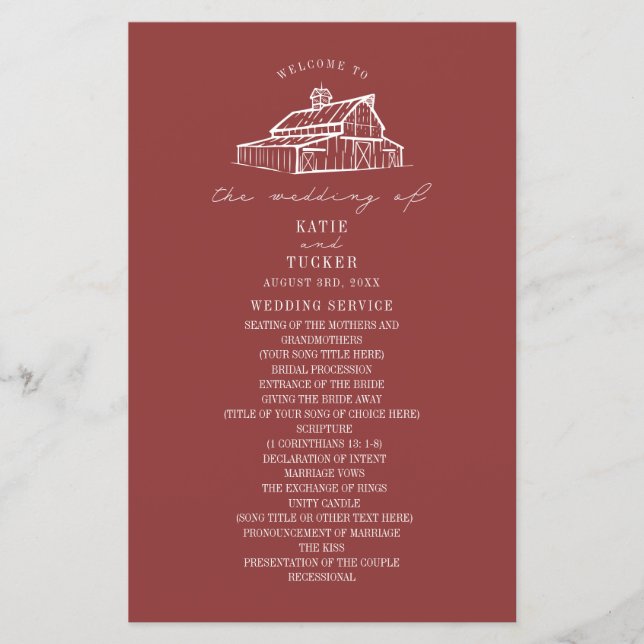 Programme de mariage rustique de ferme rouge bouch (Devant)