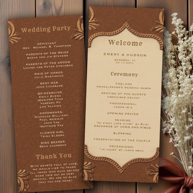 Programme de mariage rustique en terre cuite façon (country rustic cowboy wedding program faux tooled leather terracotta bronze rust copper western barn)