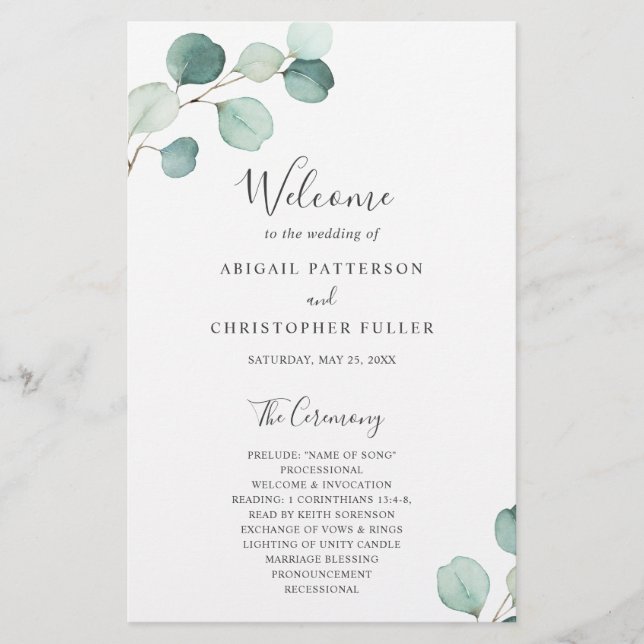 Programme de mariage rustique eucalyptus à verdure (Devant)