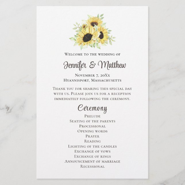Programme de mariage rustique jaune floral tournes (Devant)