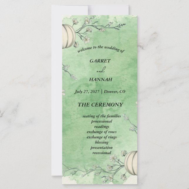 Programme de mariage rustique vert automne citroui (Devant)