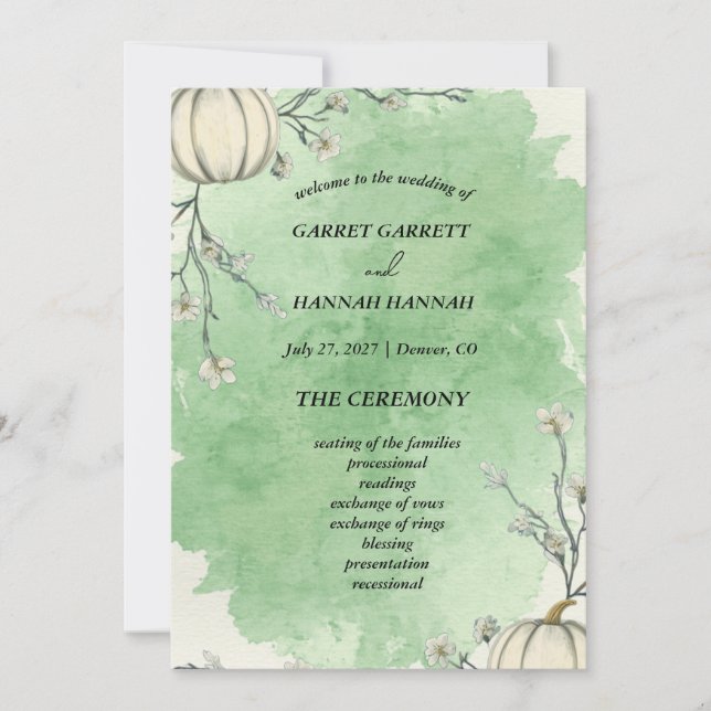 Programme de mariage rustique vert automne citroui (Devant)