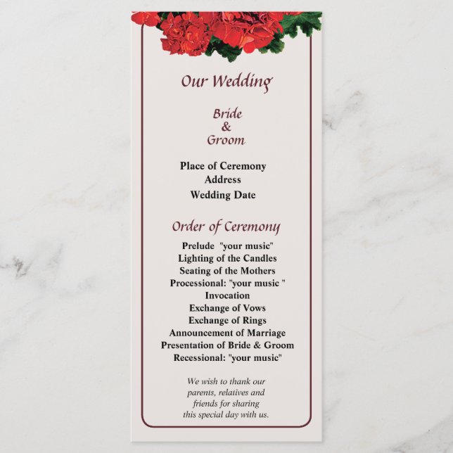 Programme de mariage Several Red Geraniums (Devant)