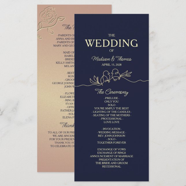 Programme de mariage simple bleu marine (Devant / Derrière)