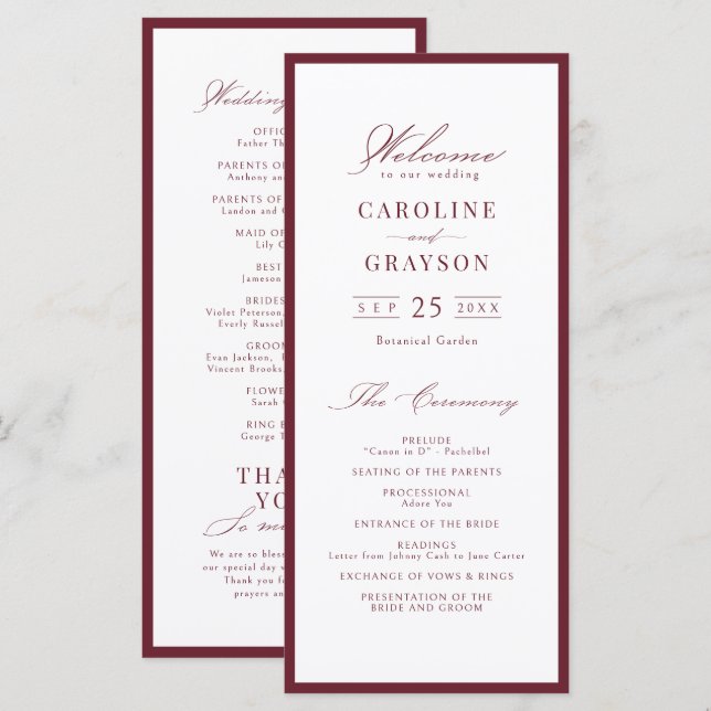 Programme de mariage simple et élégant en burgundy (Devant / Derrière)