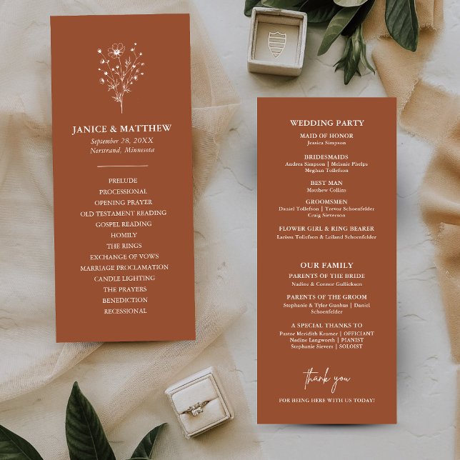 Programme de mariage simple et rustique boho coule (Rustic burnt orange boho wedding program keeps guests informed with a warm personalized touch)