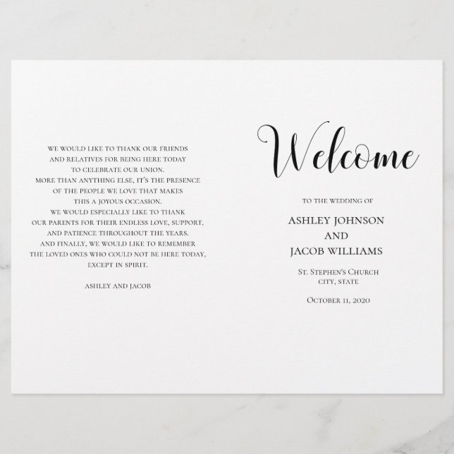 Programme de mariage simple noir et blanc plié (Devant)