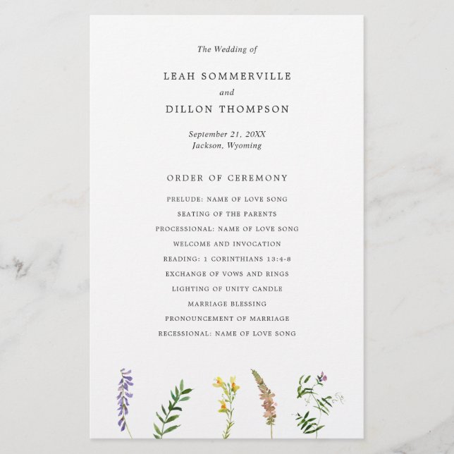 Programme de mariage simple rustique floral de fle (Devant)