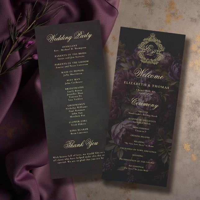 Programme de mariage sombre victorien avec crest e (moody wedding program victorian antique lace crest dark burgundy purple peony floral gold)