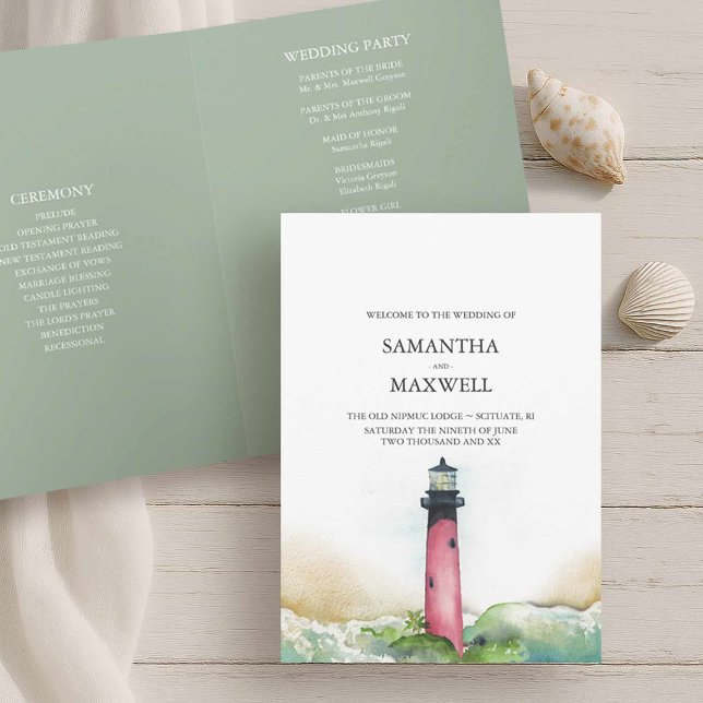 Programme de mariage sur la plage Phare Modèle (Wedding program beach wedding in Florida shows watercolor Jupiter Lighthouse Victoria Grigaliunas)