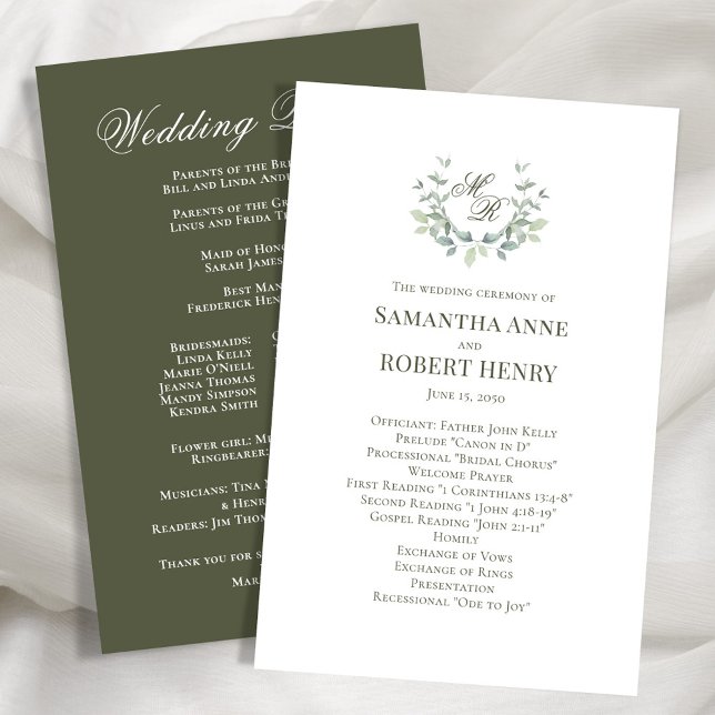 Programme de mariage sur monogramme personnalisé v (Olive green elegant laurel leaf motif wedding program. )