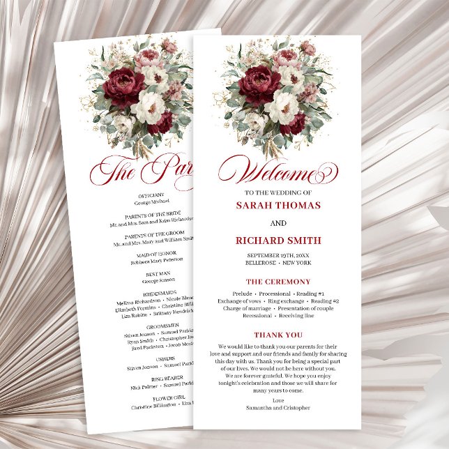 Programme de mariage tendance blush, burgundy et v (Trendy Blush Burgundy Greenery Wedding Program)