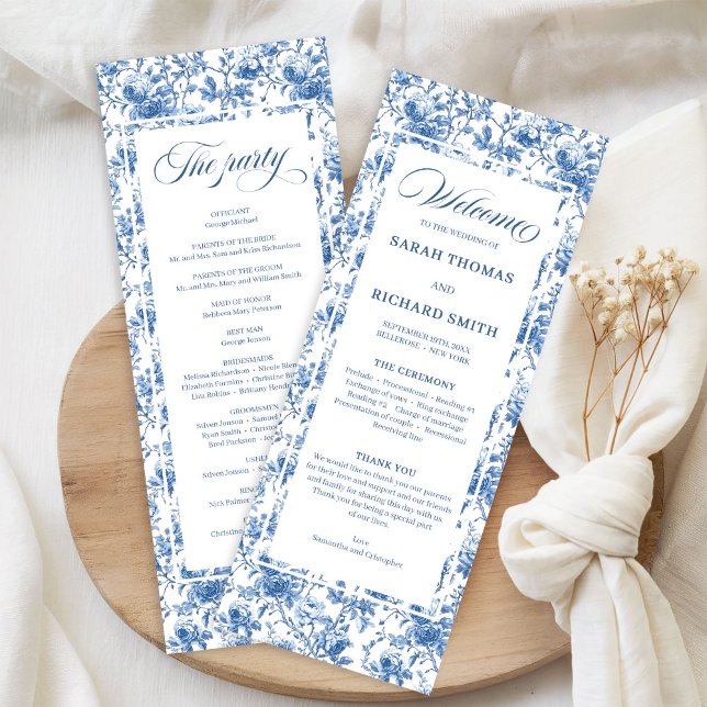 Programme de mariage Toile de roses bleues françai (Classic French Blue Roses Toile Wedding Program)