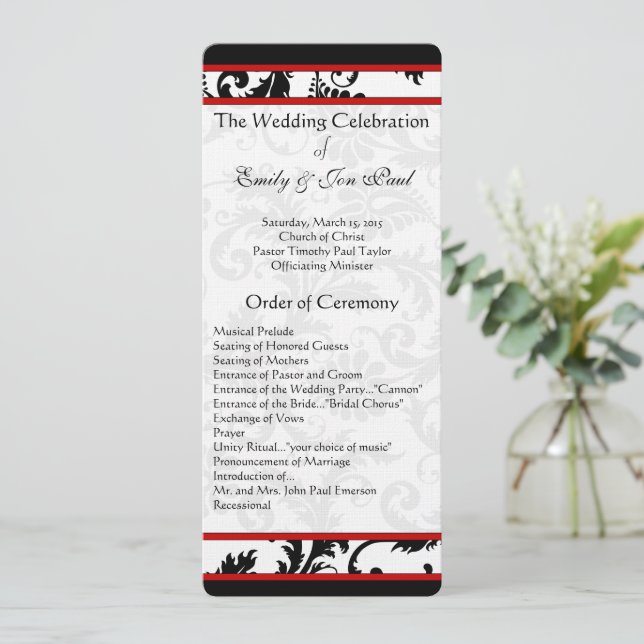 Programme de mariage Tourbillon Damassé Rouge Noir (Debout devant)