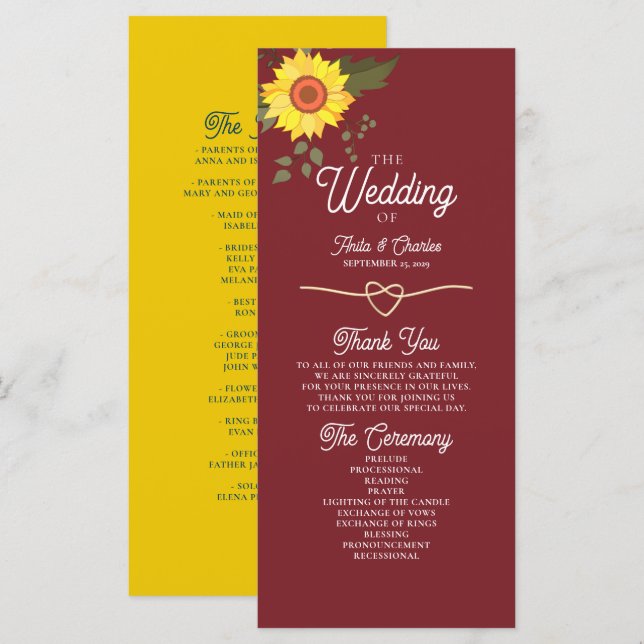 Programme de mariage tournesol (Devant / Derrière)