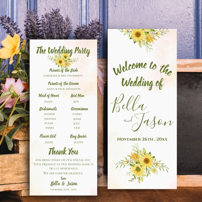Programme de mariage Tournesol Jaune Aquarelle mig (Wedding Program Sunflower Yellow Cute Watercolor)