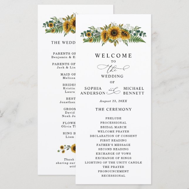 Programme de mariage Tournesol Rustique (Devant / Derrière)