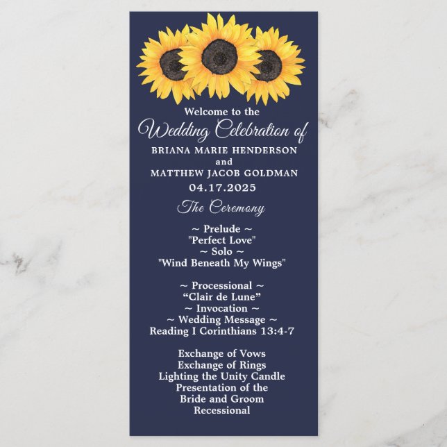Programme de mariage tournesols floral country sur (Devant)