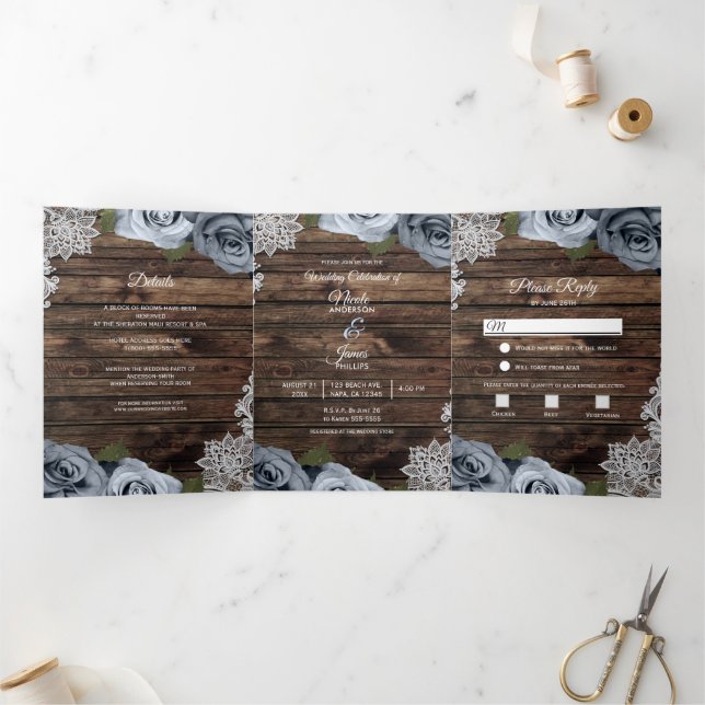 Programme de mariage trifold en bois rustique bleu (Intérieur)