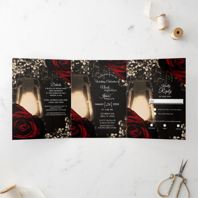 Programme de mariage trifolié aux roses rouges Lan (Intérieur)
