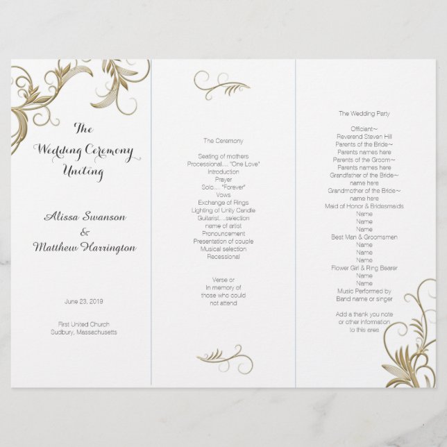 Programme de mariage triptyque à motif doré blanc (Devant)