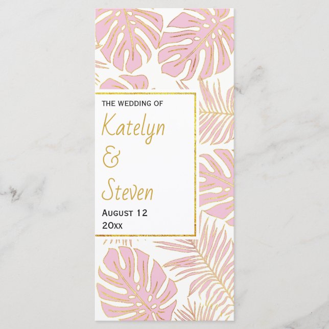 Programme de mariage tropical feuille rose et or (Devant)