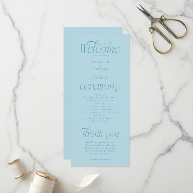 Programme de mariage turquoise à typographie moder (Devant/Arrière en situation)
