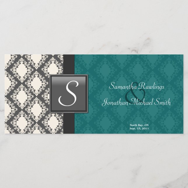 Programme de mariage - Turquoise Noir Blanc Damas  (Devant)