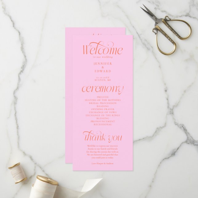 Programme de mariage typographie moderne rose oran (Devant/Arrière en situation)