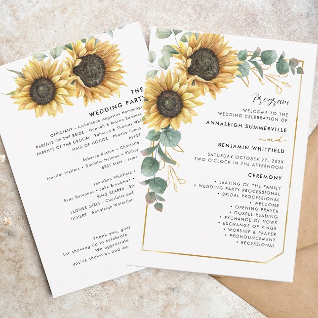 Programme de mariage végétal du tournesol (Sunflower Floral Rustic Nature Wedding Ceremny Program)