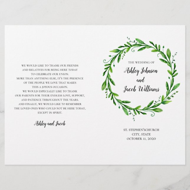 Programme de mariage vert. Cérémonie d'été (Devant)