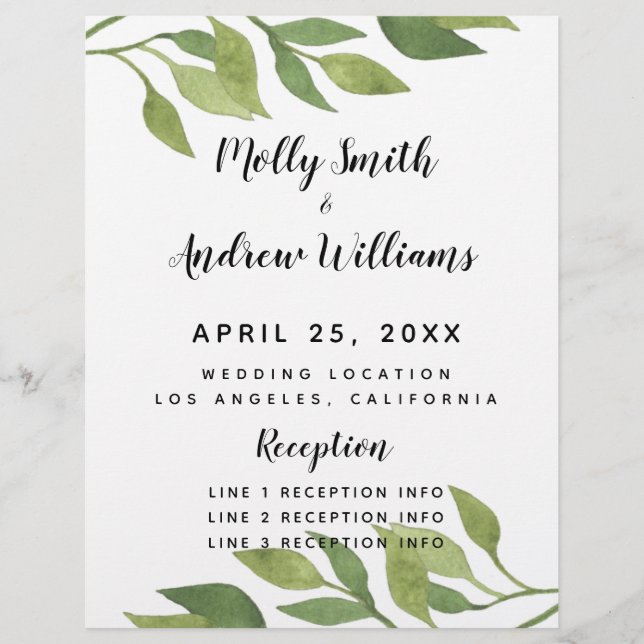 Programme de mariage vert du printemps (Devant)