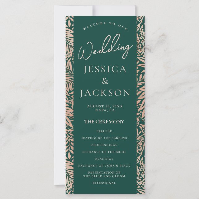 Programme de mariage vert émeraude et or rose (Devant)