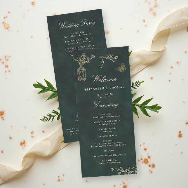 Programme de mariage vert émeraude Fairycore Woodl (fairycore woodland enchanted forest emerald green faux gold wedding welcome card roses wild)