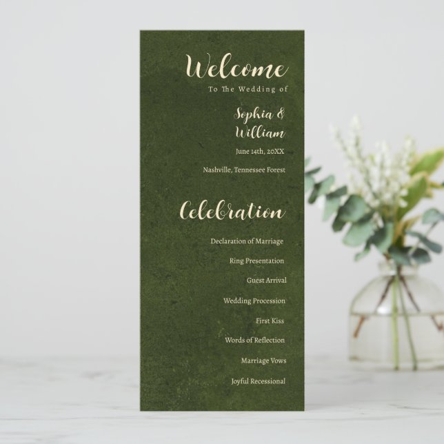 Programme de mariage vert olive, cérémonie de mari (Debout devant)